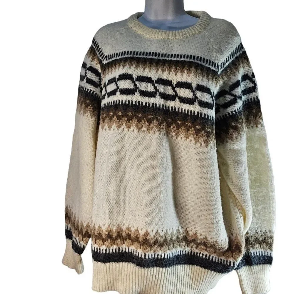 Vintage 80s Sweater Mens Size L Ivory Brown Winter Ski Thick Wool Fair Isle